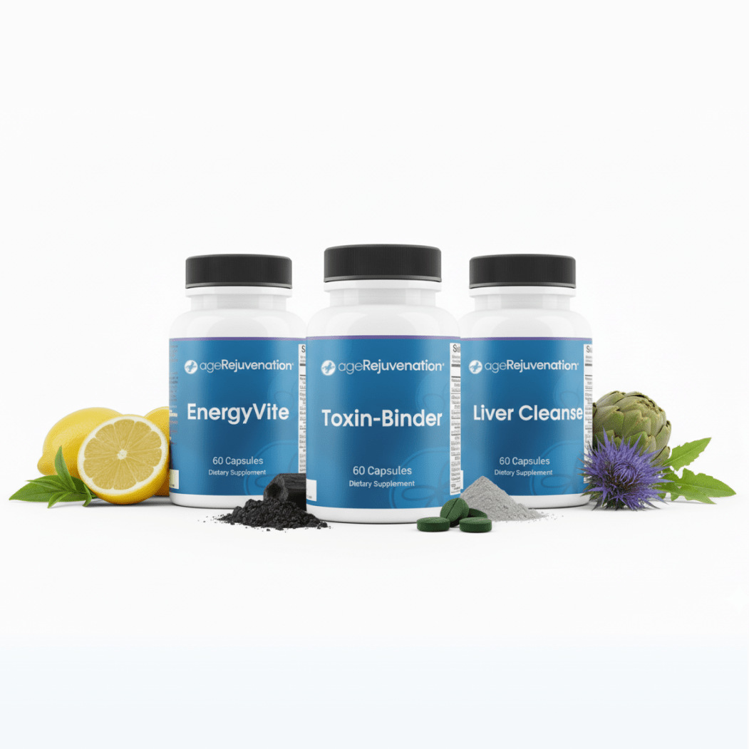 30-Day Liver Cleanse, Biotoxin Binder & EnerrgyVite supplements with ingredients