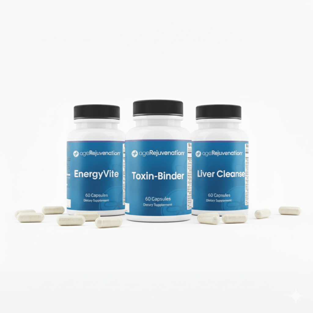 energy boost supplement, liver cleanse detox and biotoxin binder bottles with capsules