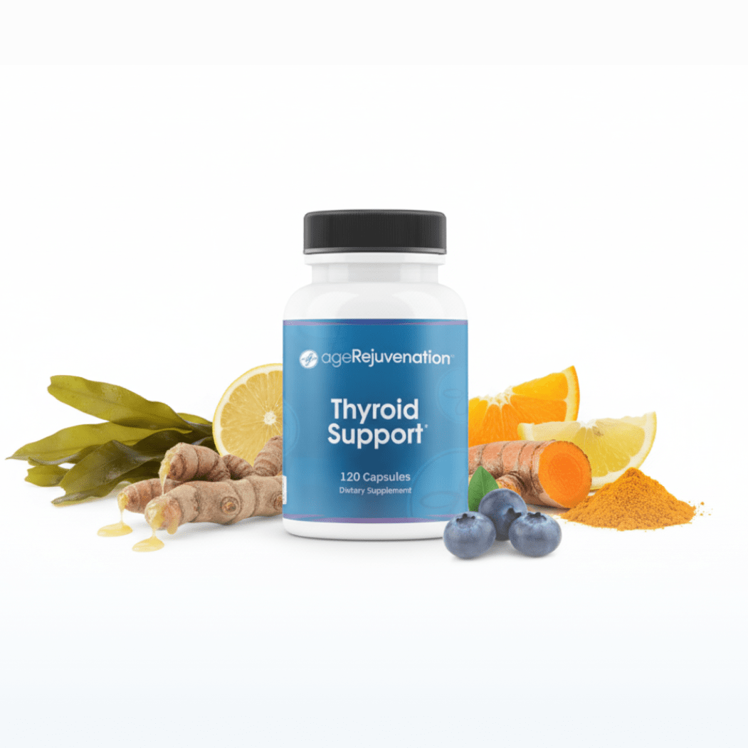 Thyroid Support Supplement with plants and fruits around it